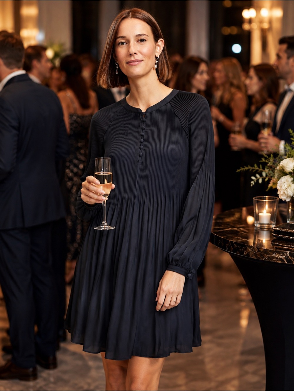 LOFT Black Long-Sleeve Pleated Shift Dress